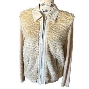Victoria Harbour Faux Fur and Leather Trim Full Zip Sweater Jacket Sz S/P